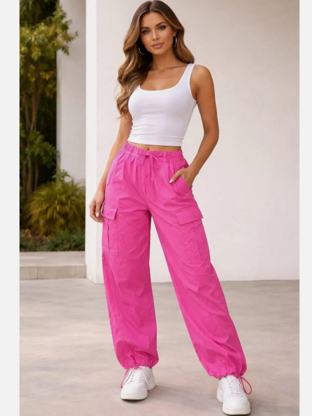 Good American Parachute Cotton Malibu Cargo Drawstring Joggers Pants NWT $138